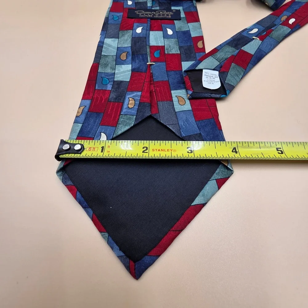 Oscar de la Renta Couture Collection Silk Tie Geometric Paisley Navy Burgundy